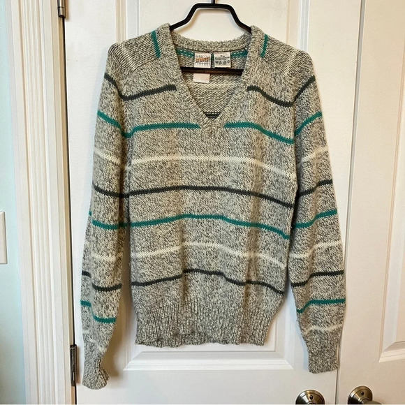 Vintage Strategy  Wool Blend Gray Knit Striped V-neck Sweater - Picture 2 of 6